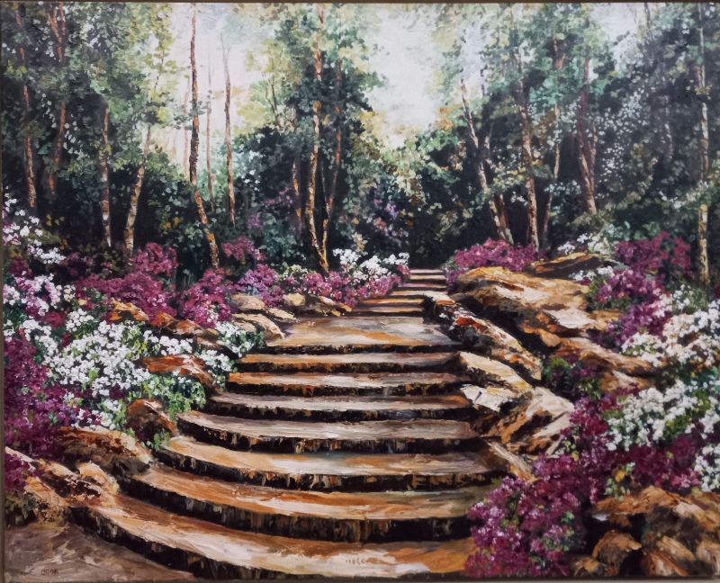 Photo 2 of GARDEN STEPS OIL PAINTING RUSTIC WOOD FRAME SIGNED BY GINGER COOK 64” X 52”