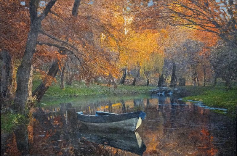 Photo 1 of BOAT ON THE RIVER IN AUTUMN OIL PAINTED CANVAS W BLACK & METALLIC GOLD FINISH FRAME SIGNED BY GH 75” X 50.75”