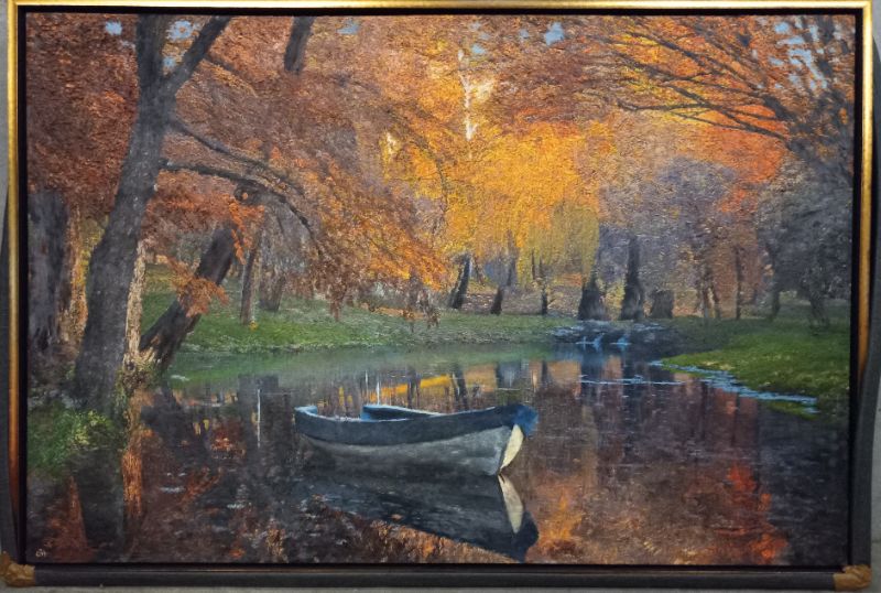 Photo 2 of BOAT ON THE RIVER IN AUTUMN OIL PAINTED CANVAS W BLACK & METALLIC GOLD FINISH FRAME SIGNED BY GH 75” X 50.75”