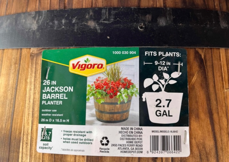 Photo 1 of NEW VIGORO 2.7GAL JACKSON BARREL PLANTER 26” X 16.5”