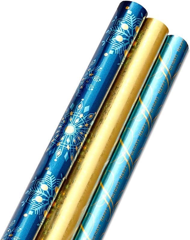 Photo 1 of Hallmark Foil Holiday Wrapping Paper with Cut Lines on Reverse (3 Rolls: 60 sq. ft. ttl) Elegant Navy Blue and Gold for Christmas, Hanukkah, Weddings, Graduations
