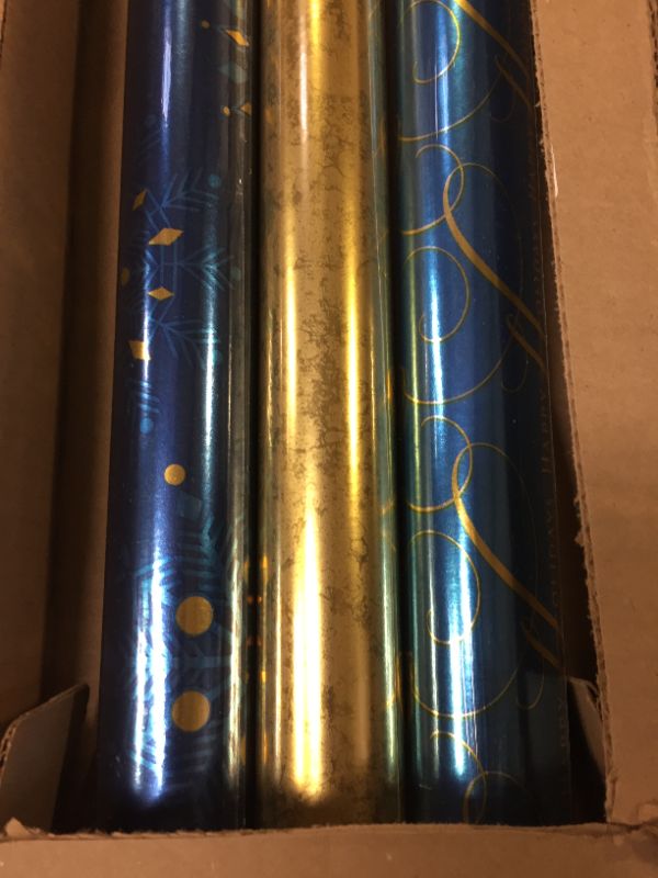Photo 2 of Hallmark Foil Holiday Wrapping Paper with Cut Lines on Reverse (3 Rolls: 60 sq. ft. ttl) Elegant Navy Blue and Gold for Christmas, Hanukkah, Weddings, Graduations
