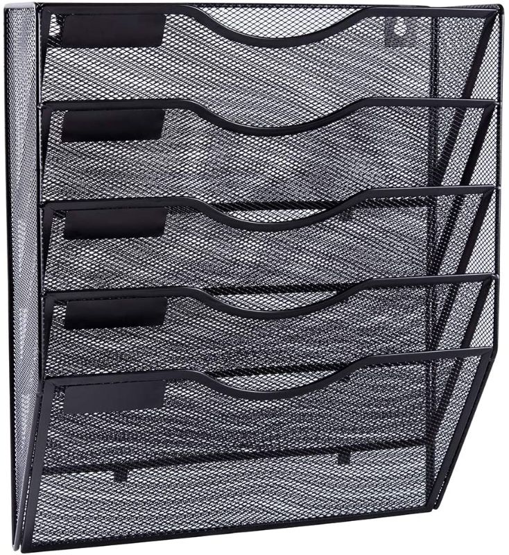 Photo 1 of EASEPRES 5 Pockets Mesh Wall File Holder Organizer Office Hanging Magazine Rack, Black---DENT AND WARPED AT THE BOTTOM AND AT THE TOP---
