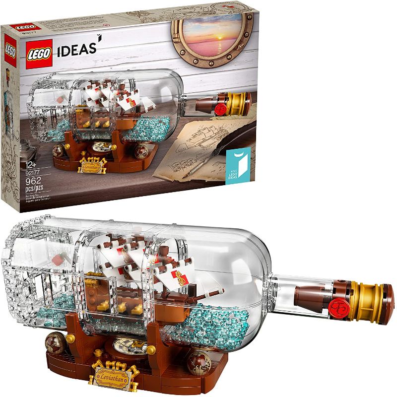 Photo 1 of LEGO Ideas Ship in a Bottle 92177 Expert Building Kit, Snap Together Model Ship, Collectible Display Set and Toy for Adults (962 Pieces)---BOX HAS MINOR DAMAGE FROM EXPOSURE---

