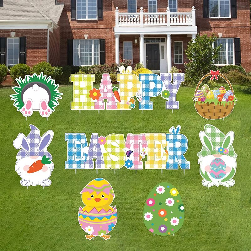 Photo 1 of Farmhouse Easter Yard Decorations Outdoor Buffalo Plaid - Spring Easter Yard Signs with Stakes - Bunny, Chick and Eggs Yard Signs Easter Lawn Yard Decorations for Easter Hunt Game, Party Supplies Decor, Easter Props
