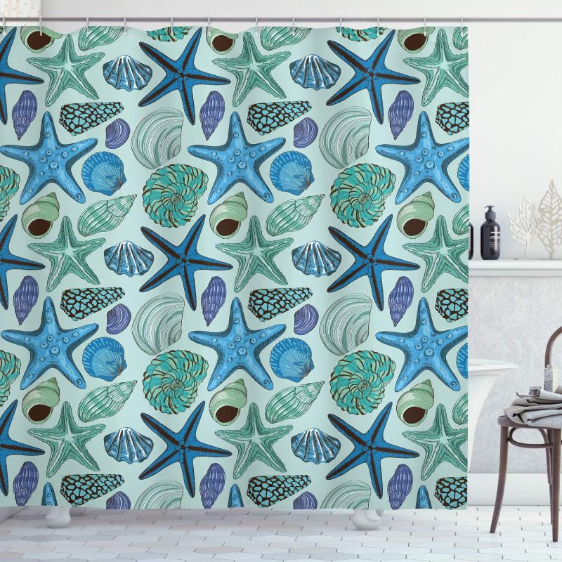 Photo 1 of Ambesonne Starfish Shower Curtain, Aquarium Inspired Composition Tropical Seashells and Scallops Cockles and Clams, Cloth Fabric Bathroom Decor Set with Hooks, 69" W x 75" L, Blue Seafoam
