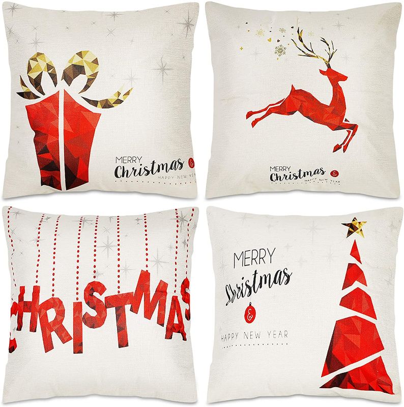 Photo 1 of Blissun Christmas Pillow Covers 18 x 18 Inches, Set of 4 Cotton Linen Throw Pillow Covers Square Cushion Case for Christmas Sofa Couch Home Decorations, Red
