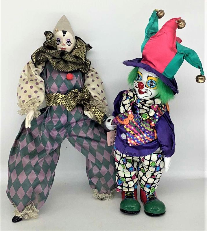 Photo 1 of TWO COLLECTIBLE PORCELAIN CLOWN DOLLS H 16”