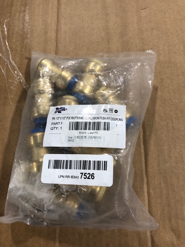 Photo 1 of 10 PIECES XFITTING 1/2" X 1/2" PB (POLYBUTYLENE) CONVERSION PUSH FIT COUPLINGS - BRASS