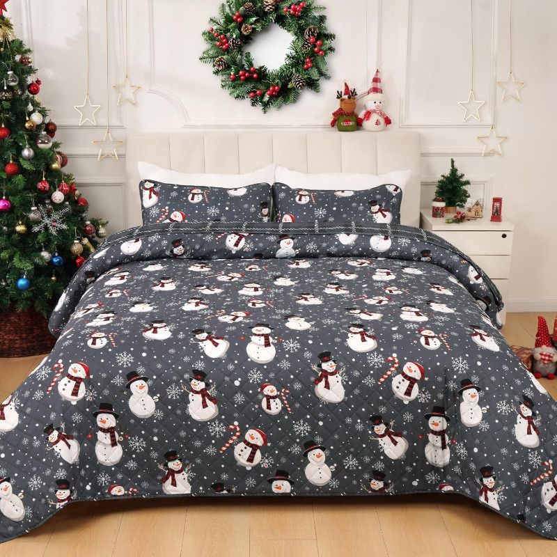 Photo 1 of ** similar image, unknow size or model** Christmas Quilt Set Queen Size 3 Piece Snowman Snowflake Bedding Set