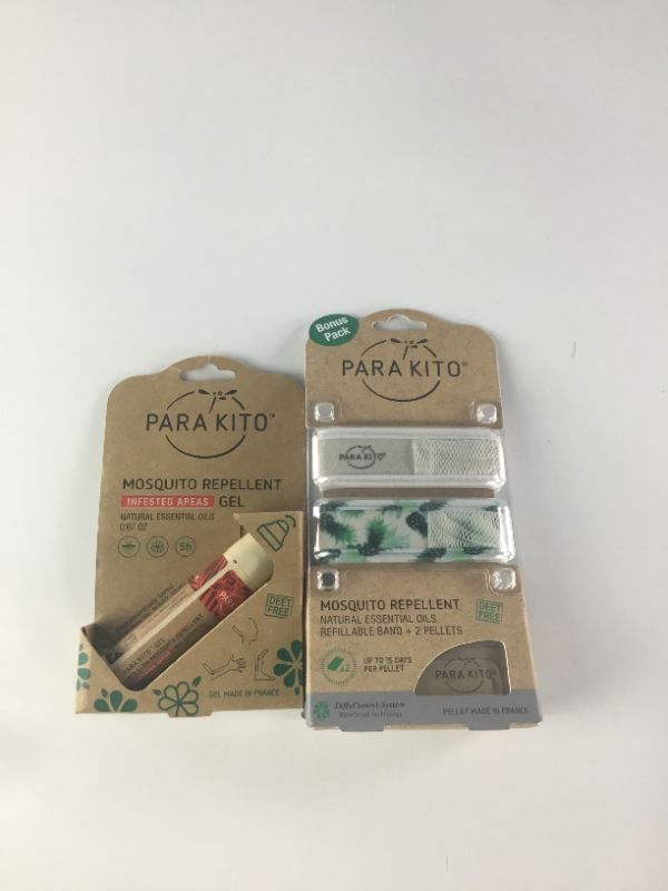 Photo 1 of PARAKITO MOSQUITO REPELLENT WRIST BANDS PACK OF 2 WITH 2 REFILL PELLETS PLUS PARAKITO MOSQUITO ROLL ON GEL .67 OZ NEW IN PACKAGE