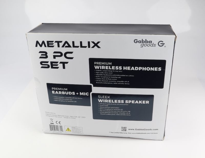 Photo 2 of METALLIX 3 PIECE SET 1 BLUETOOTH SPEAKER 1 WIRELESS HEADPHONE AND 1 EARBUD SET WITH MICROPHONE NEW 