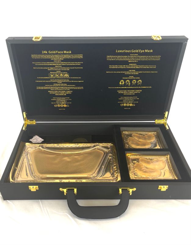 Photo 2 of 24K NECK AND EYE MASK SUITCASE WILL ACTIVATE THE BASAL CELLS OF THE SKIN INCREASING THE ELASTICITY OF THE SKIN REDUCING CROWS FEET FINE LINES BLEMISHES AND DARK CIRCLES 12 NECK MASKS AND 6 SETS OF EYE MASKS NEW IN SUITCASE 