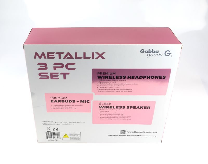 Photo 3 of METALLIX 3 PIECE SET 1 BLUETOOTH SPEAKER 1 WIRELESS HEADPHONE AND 1 EARBUD SET WITH MICROPHONE NEW 
