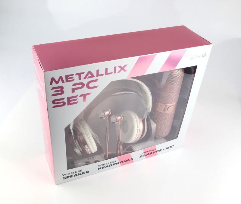 Photo 1 of METALLIX 3 PIECE SET 1 BLUETOOTH SPEAKER 1 WIRELESS HEADPHONE AND 1 EARBUD SET WITH MICROPHONE NEW 
