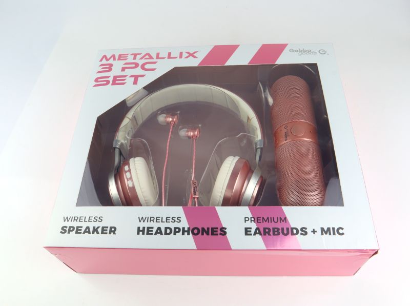 Photo 2 of METALLIX 3 PIECE SET 1 BLUETOOTH SPEAKER 1 WIRELESS HEADPHONE AND 1 EARBUD SET WITH MICROPHONE NEW 
