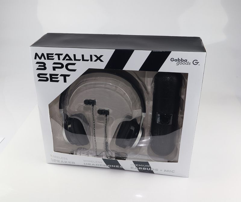 Photo 3 of METALLIX 3 PIECE SET 1 BLUETOOTH SPEAKER 1 WIRELESS HEADPHONE AND 1 EARBUD SET WITH MICROPHONE NEW 