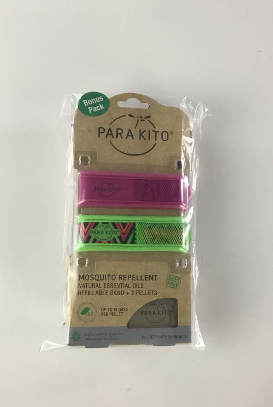 Photo 2 of PARAKITO MOSQUITO REPELLENT WRIST BANDS PACK OF 2 WITH 2 REFILL PELLETS PLUS PARAKITO MOSQUITO ROLL ON GEL .67 OZ NEW IN PACKAGE