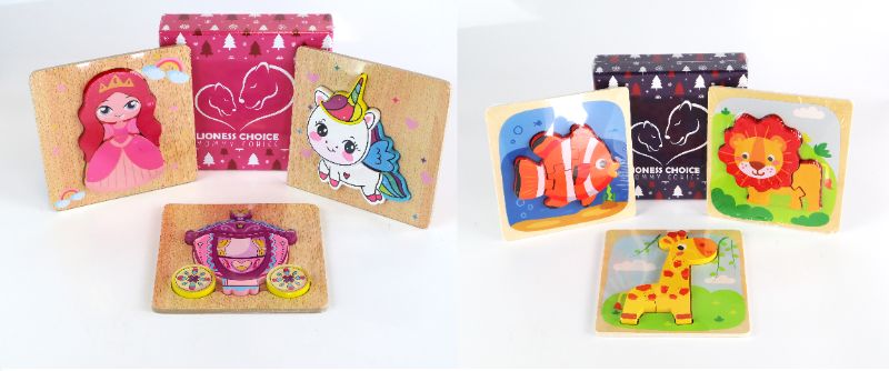 Photo 1 of LIONESS 6 SET WOODEN PUZZLES 3 ANIMALS 1 PRINCESS 1 CARRIAGE AND  1 UNICORN PUZZLE WITH  BONUS SURPRISE NEW 