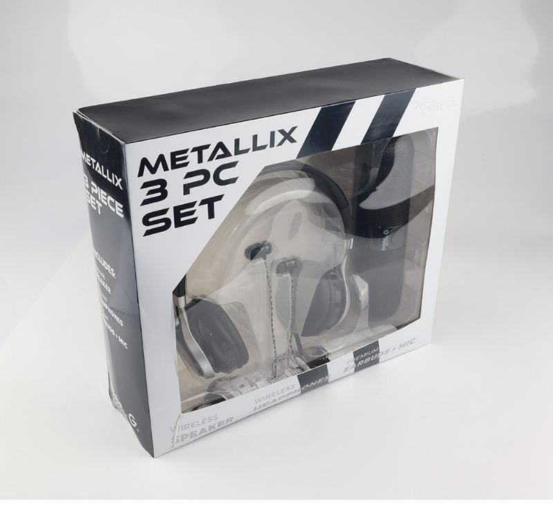 Photo 2 of METALLIX 3 PIECE SET 1 BLUETOOTH SPEAKER 1 WIRELESS HEADPHONE AND 1 EARBUD SET WITH MICROPHONE NEW 