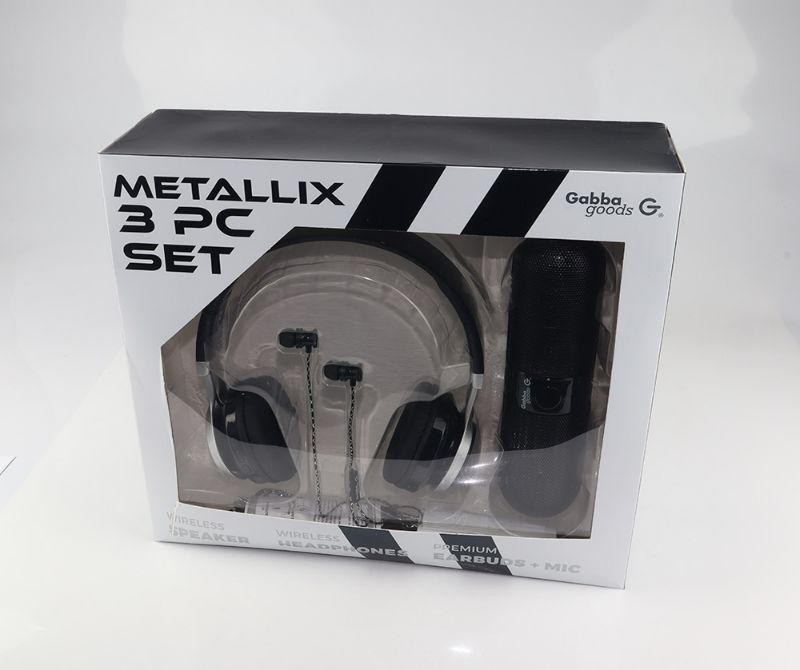 Photo 1 of METALLIX 3 PIECE SET 1 BLUETOOTH SPEAKER 1 WIRELESS HEADPHONE AND 1 EARBUD SET WITH MICROPHONE NEW 