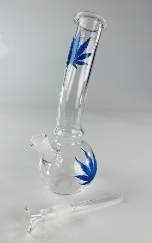 Photo 2 of FREEDOM HANDMADE CLEAR WATER PIPE WITH BLUE MARIJUANA LEAFS INCLUDES BOWL AND STEM NEW IN BOX.