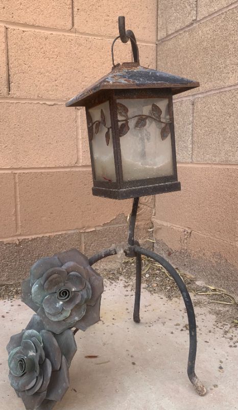 Photo 1 of 3 PIECES METAL OUTDOOR DECOR, LANTERN 9" X H24", METAL FLOWERS 6" X H15" 