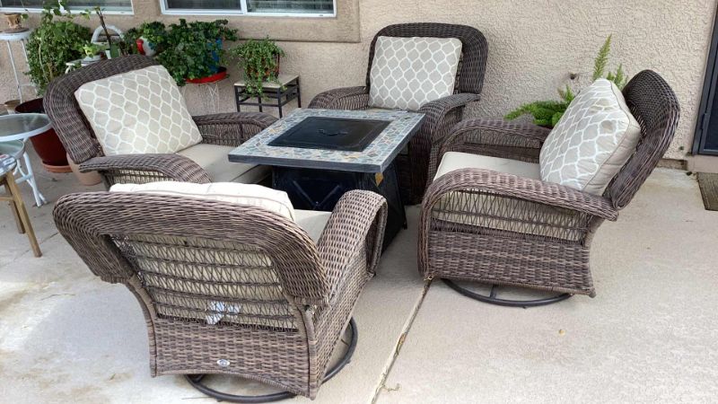 Photo 1 of 5 PIECE PATIO SET (FIREPIT TABLE 30" X H25" & RATTAN ROCKING CHAIRS)