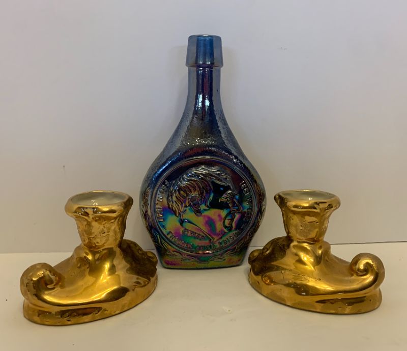 Photo 1 of VINTAGE 1969 WHEATON WIZARD OF MENLO PARK DECANTER H8" AND PARK AVENUE WEEPING GOLD 22K GOLD CANDLE HOLDERS