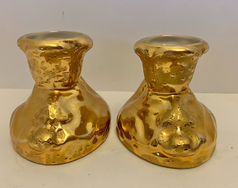 Photo 2 of VINTAGE 1969 WHEATON WIZARD OF MENLO PARK DECANTER H8" AND PARK AVENUE WEEPING GOLD 22K GOLD CANDLE HOLDERS