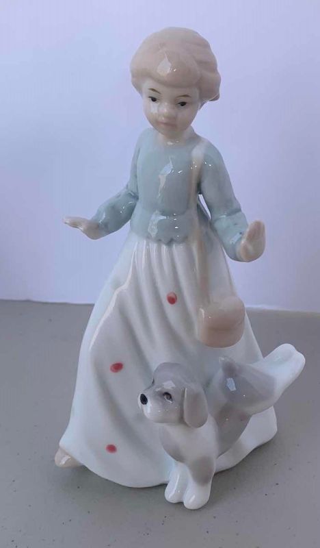 Photo 4 of 4 - PORCELAIN PUPPY AND GIRL FIGURINES, H 6.5”