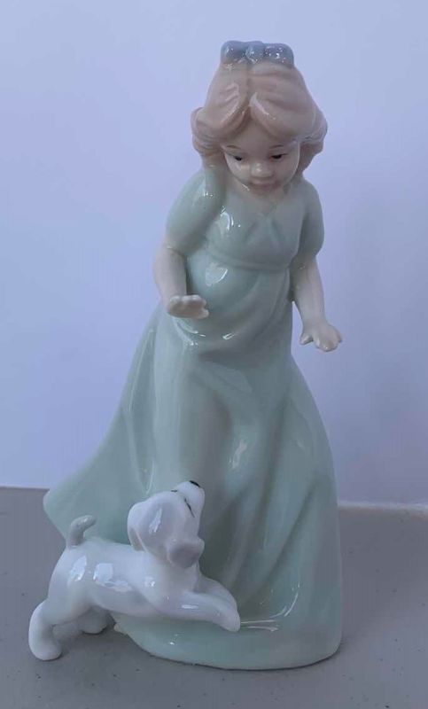 Photo 5 of 4 - PORCELAIN PUPPY AND GIRL FIGURINES, H 6.5”