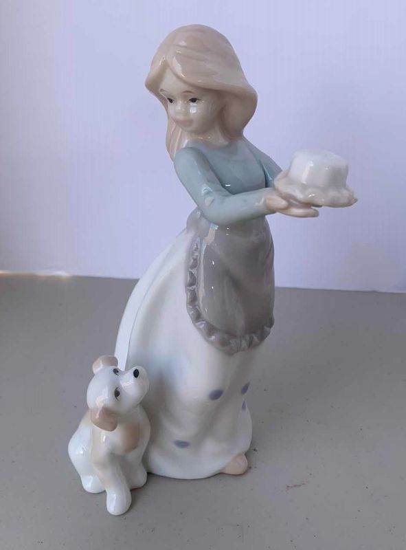 Photo 2 of 4 - PORCELAIN PUPPY AND GIRL FIGURINES, H 6.5”