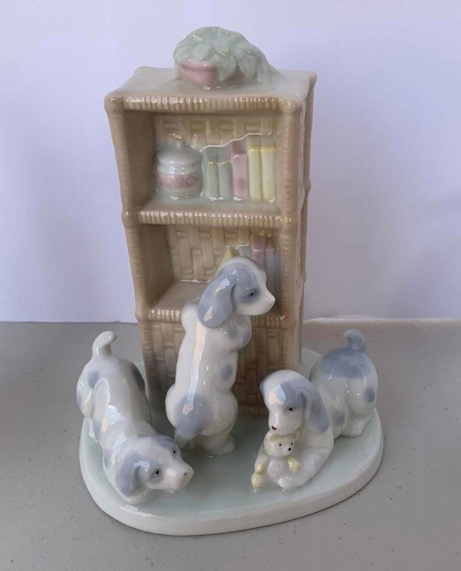 Photo 3 of 4 - PORCELAIN PUPPY AND GIRL FIGURINES, H 6.5”