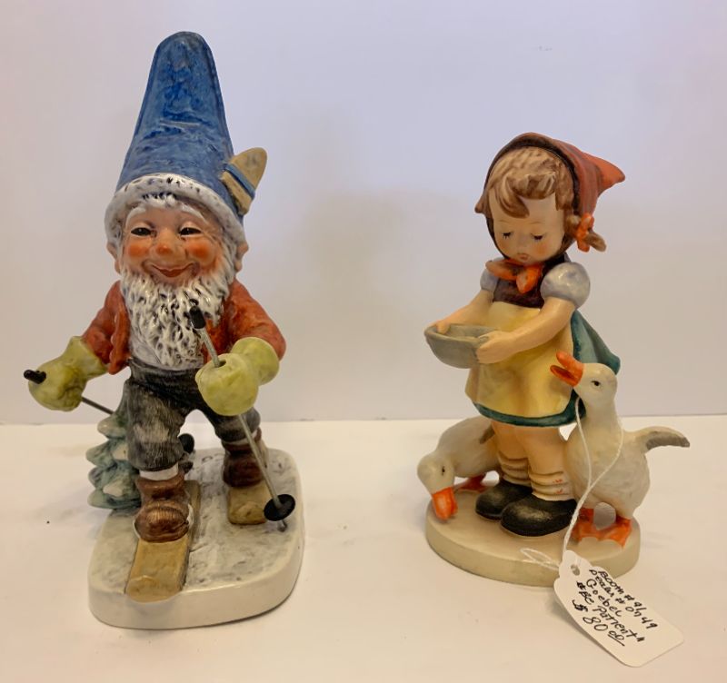 Photo 1 of PAIR OF GOEBEL PORCELAIN COLLECTIBLE KNOME ON SKIS FIGURINE H 8” AND "BE PATIENT" H6.6"