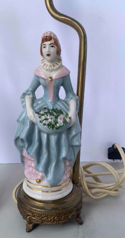 Photo 3 of TWO ANTIQUE HAND PAINTED PORCELAIN FIGURINES ON GOLD BASE