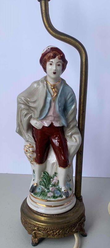 Photo 2 of TWO ANTIQUE HAND PAINTED PORCELAIN FIGURINES ON GOLD BASE