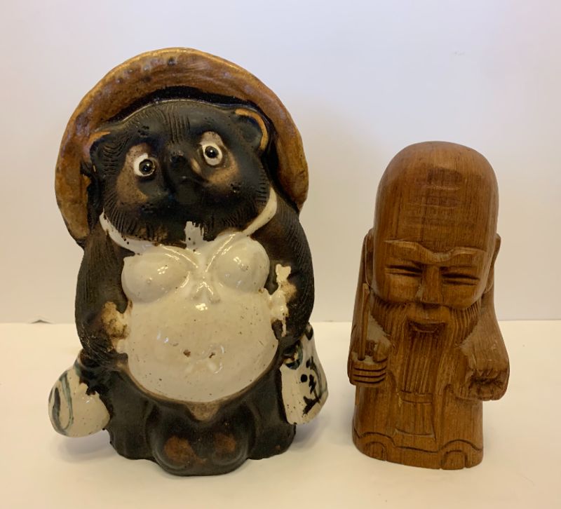 Photo 1 of JAPANESE TANUKI GOOD LUCK STATUE H8" AND HAND CARVED ORIENTAL ELDERLY FIGURE H6”