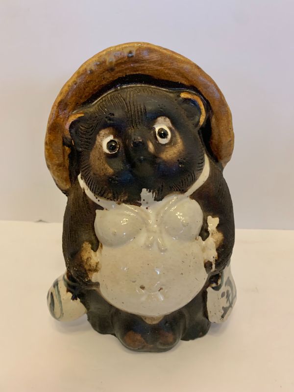 Photo 3 of JAPANESE TANUKI GOOD LUCK STATUE H8" AND HAND CARVED ORIENTAL ELDERLY FIGURE H6”