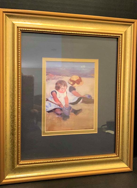 Photo 1 of ARTWORK, BLUE MATTED IN GOLD FRAME, GIRLS AT BEACH, 11” x 13”