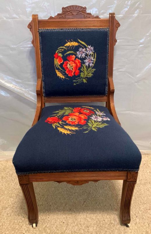 Photo 1 of 19th Century Antique WOOD Needlepoint Chair Victorian with FLOWERS
