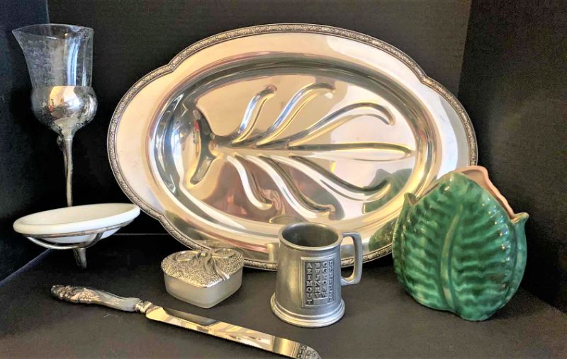 Photo 1 of HOME DECOR COLLECTIBLES, SILVER PLATED TRAY, TERRA ROSE POTTERY VASE, PEWTER MUG AND MORE