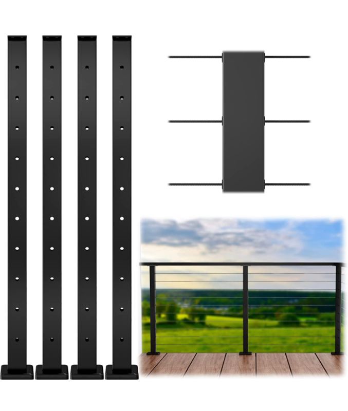 Photo 3 of NEW Muzata 4Pack Cable Railing Post 36''x2''x2'' Level-drilled Post Flat Top Stainless Steel Black Square Weldless Wood Concrete Top Mount Deck Level PS02 