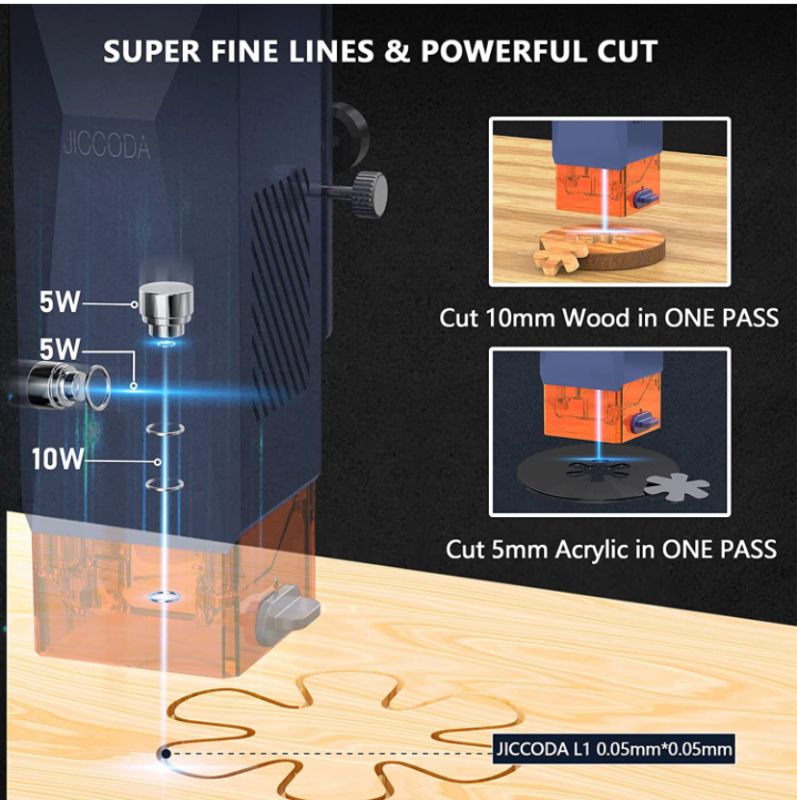Photo 2 of NEW JICCODA L1 10W Laser Engraver Machine,60W DIY Laser Cutter and High Power Laser Engraving Machine for Wood and Metal, Paper, Acrylic,Fabric,Compressed Spot 0.05mm High Precision 