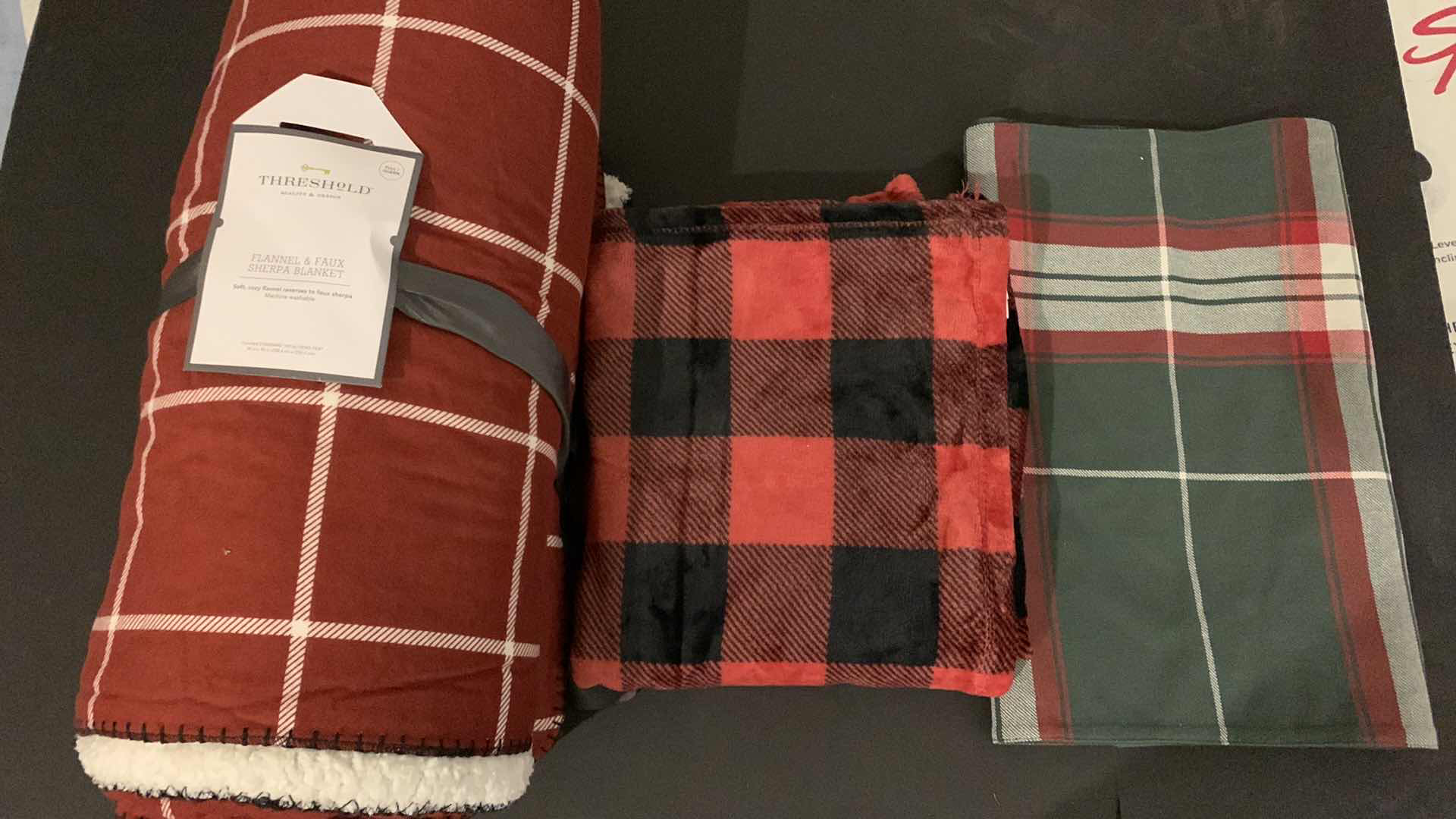 Photo 1 of 3 PC HOME COLLECTION, FLANNEL & FAUX SHERPA BLANKET, PLAID THROW, TABLE RUNNER