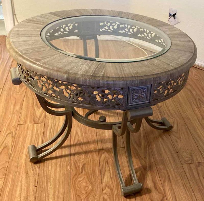 Photo 1 of ROUND ALUMINUM/STONE TABLE WITH GLASS TOP 28” X H22”