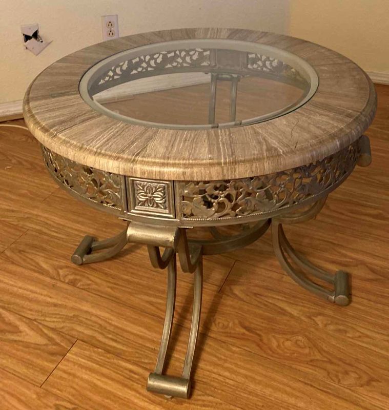 Photo 2 of ROUND ALUMINUM/STONE TABLE WITH GLASS TOP 28” X H22”