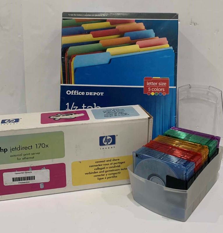 Photo 1 of OFFICE SUPPLIES, FILE FOLDERS, HP JETDIRECT EXTERNAL PRINT SERVER, FLOPPY DISCS