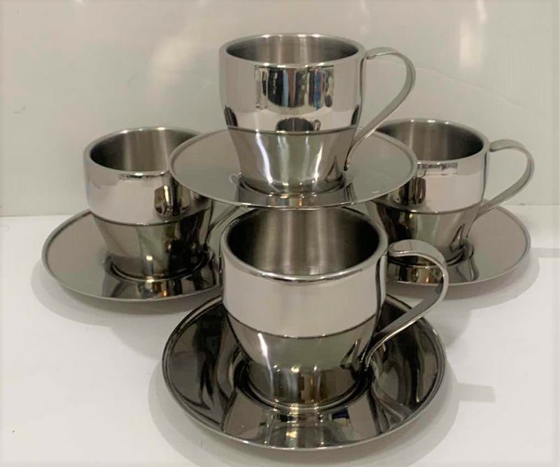 Photo 1 of NEW IN BOX SET OF 4 METAL COFFEE/TEA CUPS AND PLATES