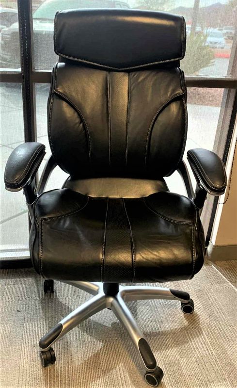 Photo 1 of TRUE INNOVATIONS BLACK BONDED LEATHER ADJUSTABLE ROTATING EXECUTIVE OFFICE CHAIR w WHEELS